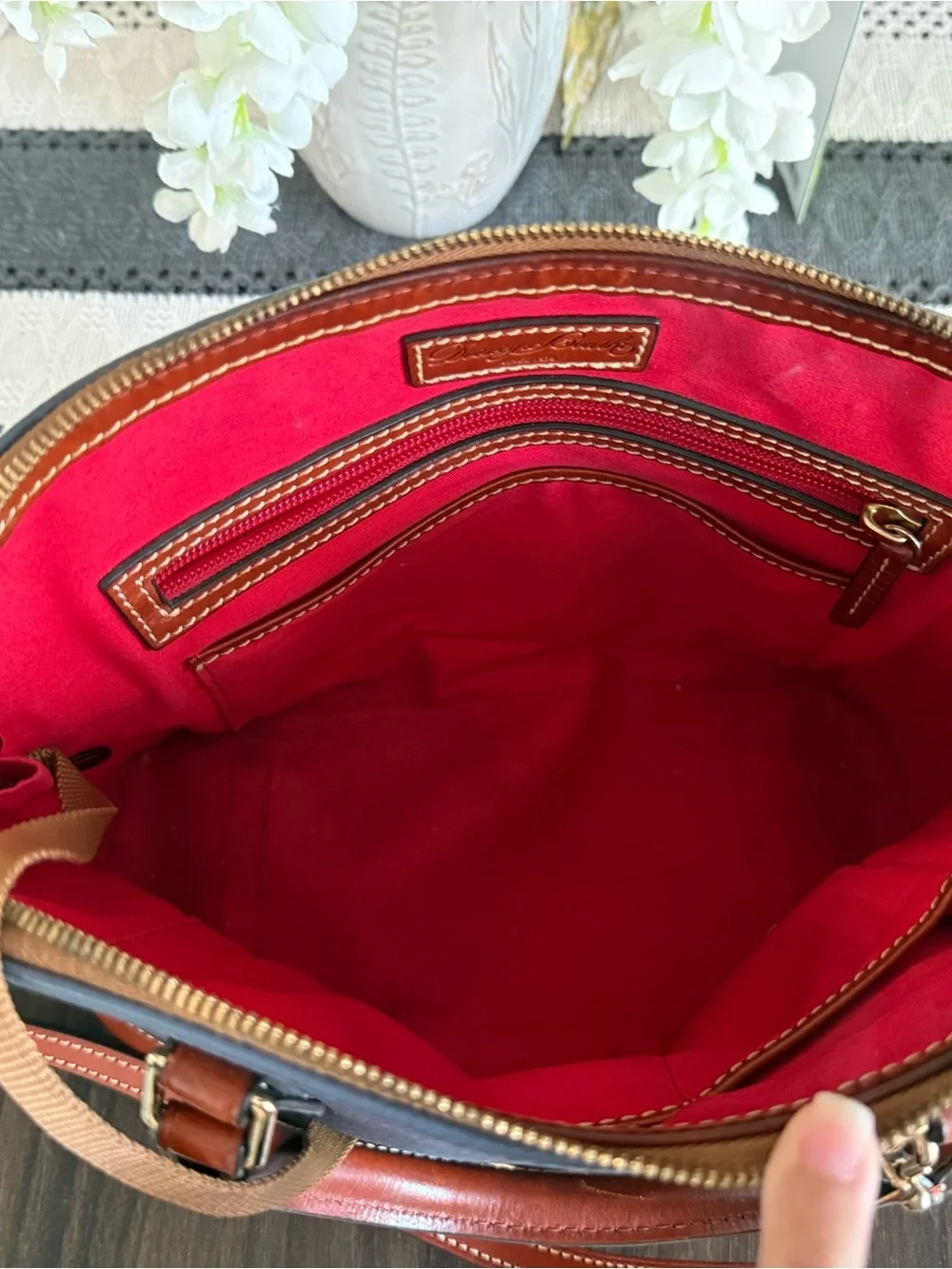 Dooney & Bourke Blue Pebbled Leather Satchel with Brown Trim